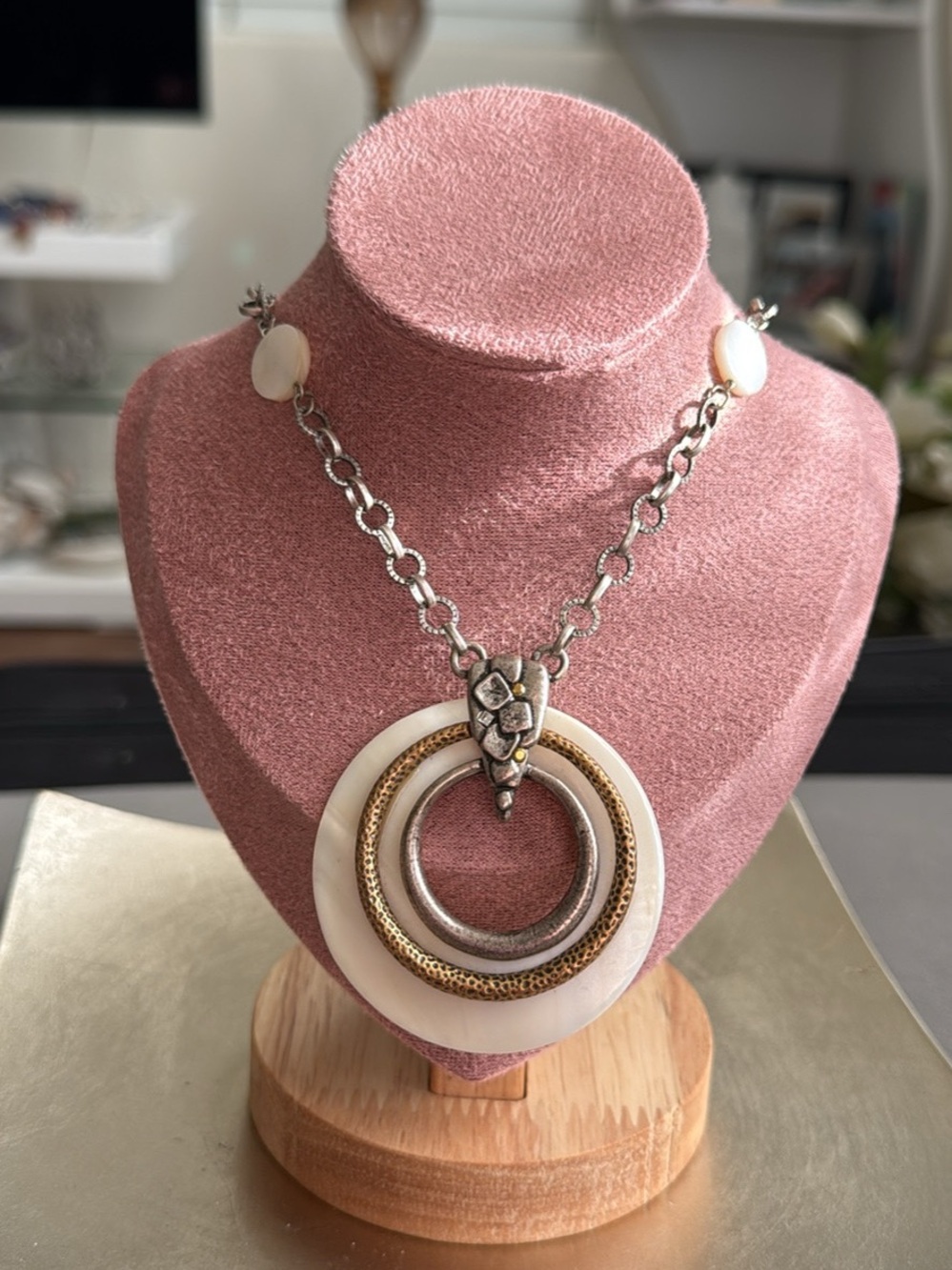 Chico's White MOP Gold & Silver Layered Circle Pendant Necklace Chunky BOHO